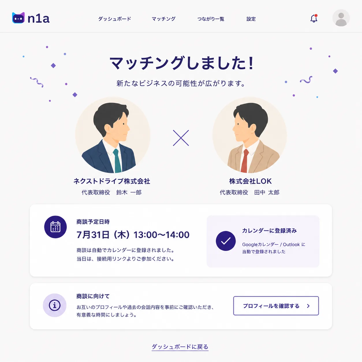 n1aでマッチングと日程調整が完了した画面